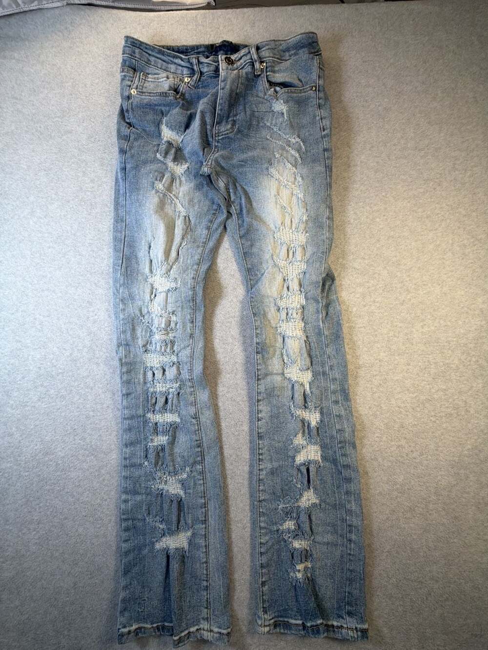 Fashion Nova Men Torn Apart Stacked Skinny Flare Jeans Light Wash Distressed